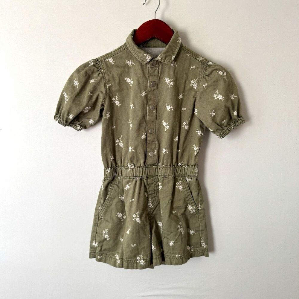 Old Navy Girls M Green/White Floral Woven Cotton Romper Collared Pockets